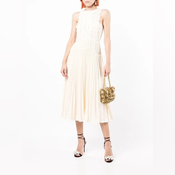 NWOT Self Portrait Scallop-Detail Mid-Length Pleated Dress Cream sz 2 - Picture 1 of 13